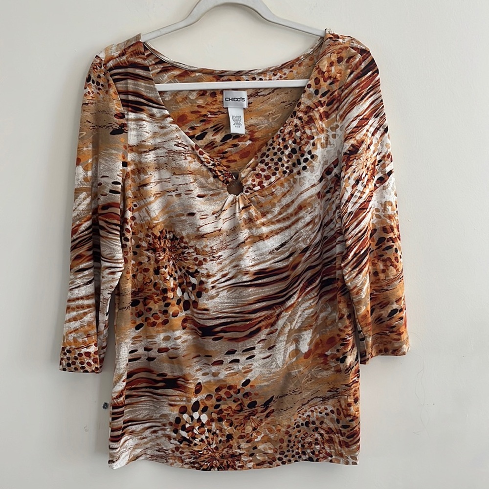 Chicos Abstract Blouse Top Orange Brown Earthy Work‎ Casual sz 2 Large